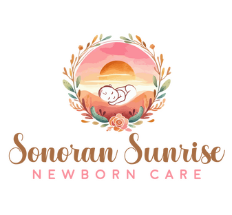 Logo for Sonoran Sunrise Newborn Care, featuring a sleeping baby against a Sonoran desert sunrise with floral accents and warm, earthy tones.
